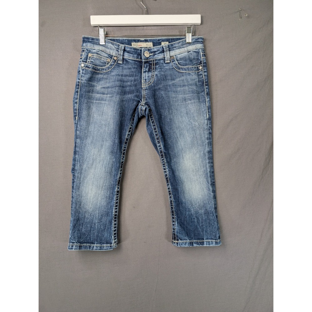 BKE Stella Mid Rise Capri Jeans Size 27 Blue Denim Distressed Contrast Stitching